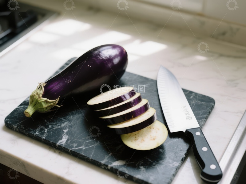 高清大图下载【趣麦麦图】切片茄子与刀具