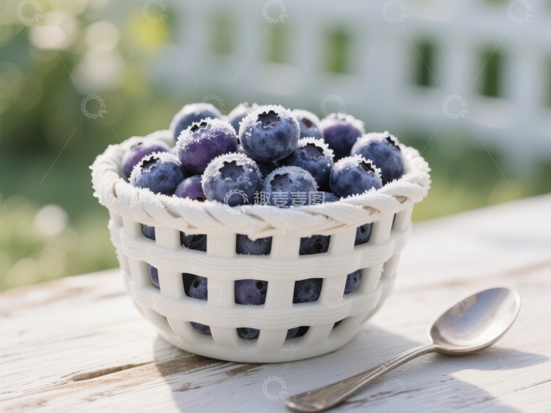 高清大图下载【趣麦麦图】蓝莓盛于编织篮中，置于户外木桌