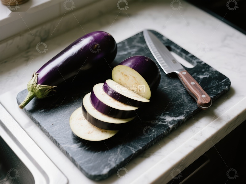 高清大图下载【趣麦麦图】切片茄子与刀具置于大理石砧板上