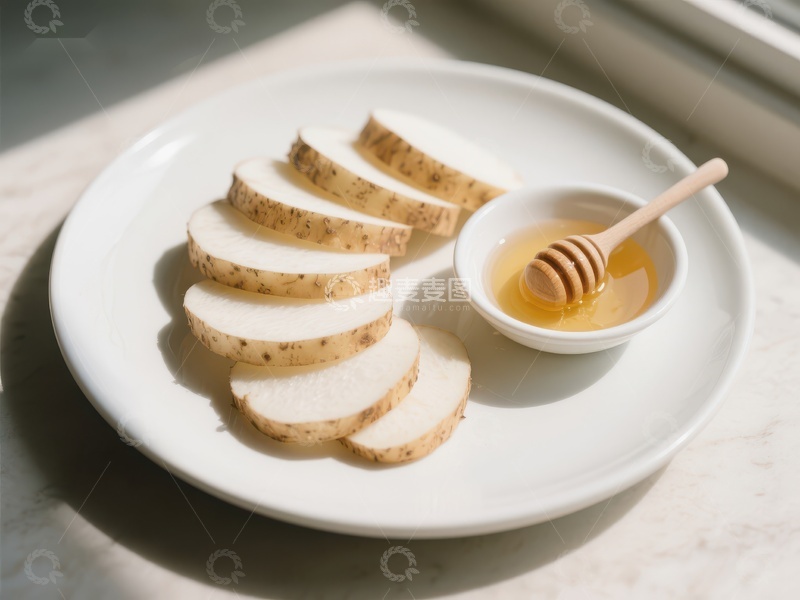 高清大图下载【趣麦麦图】切片山药与蜂蜜的健康搭配