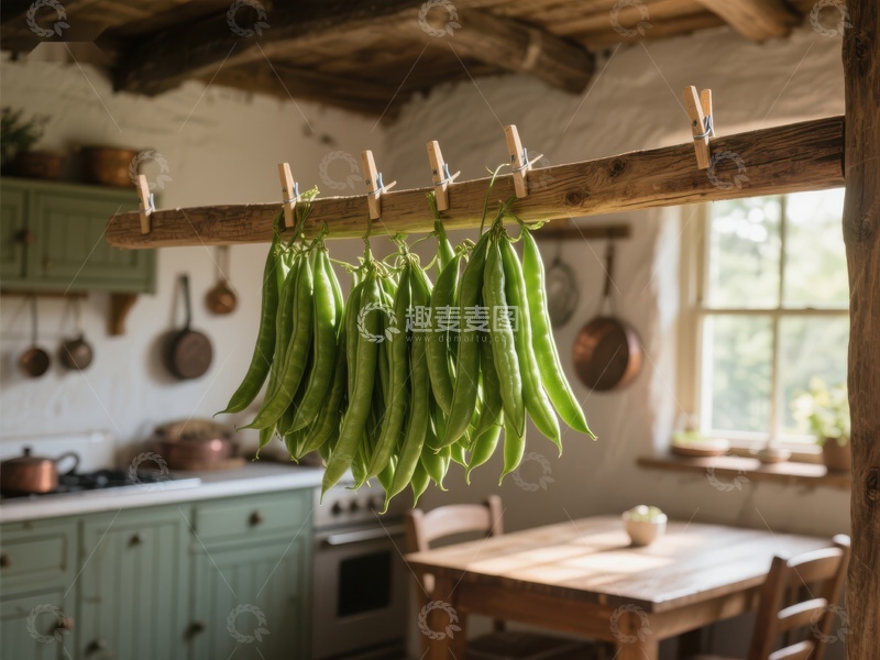 高清大图下载【趣麦麦图】厨房悬挂的绿色豆荚