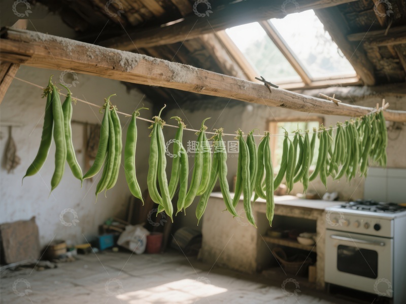 高清大图下载【趣麦麦图】豆荚悬挂晾晒于乡村厨房