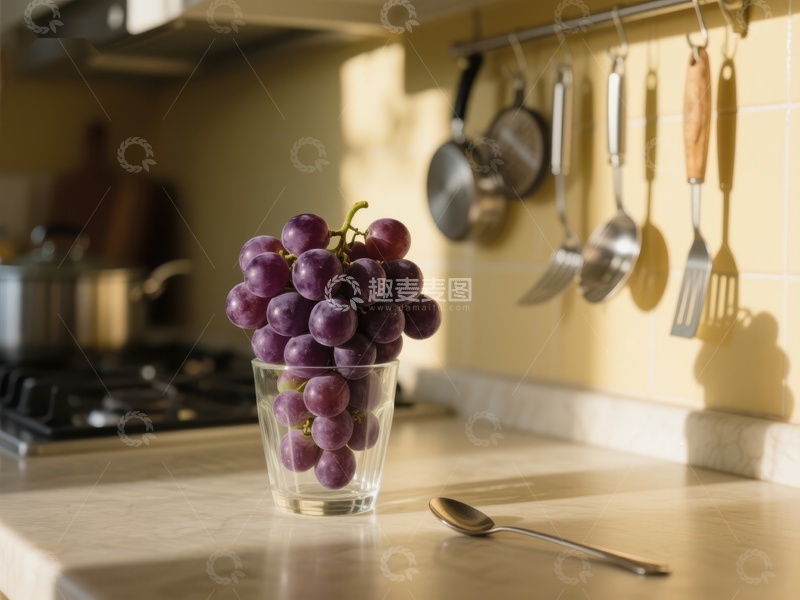 高清大图下载【趣麦麦图】厨房台面上的葡萄杯