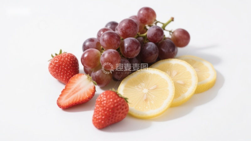 高清大图下载【趣麦麦图】新鲜水果组合：葡萄、草莓与柠檬