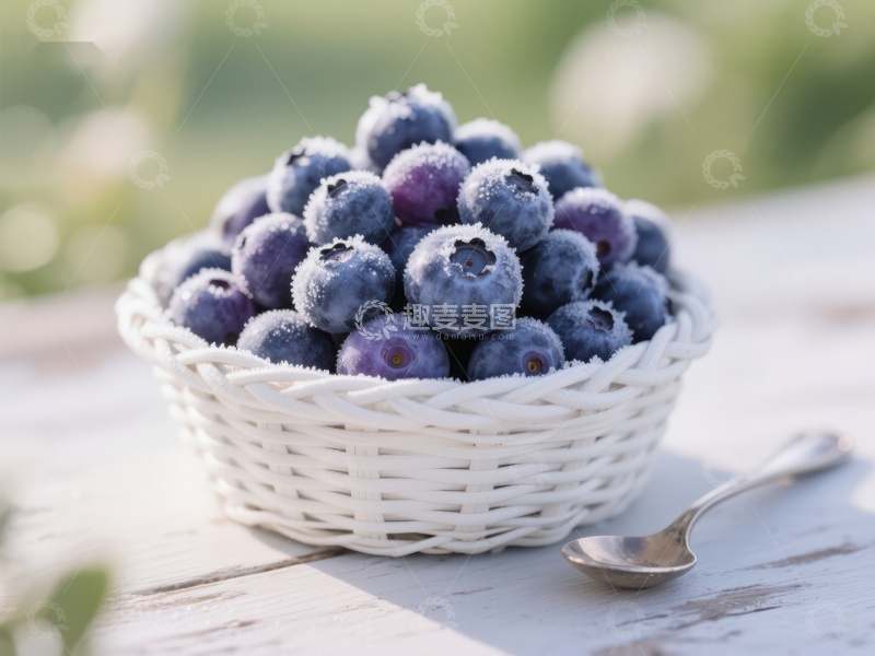 高清大图下载【趣麦麦图】新鲜蓝莓盛于白色篮中