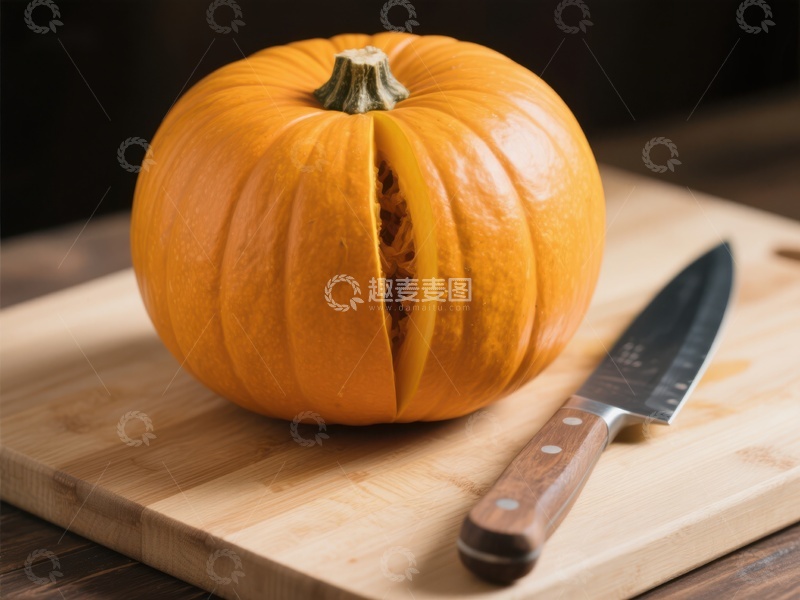 高清大图下载【趣麦麦图】切开的南瓜与刀具
