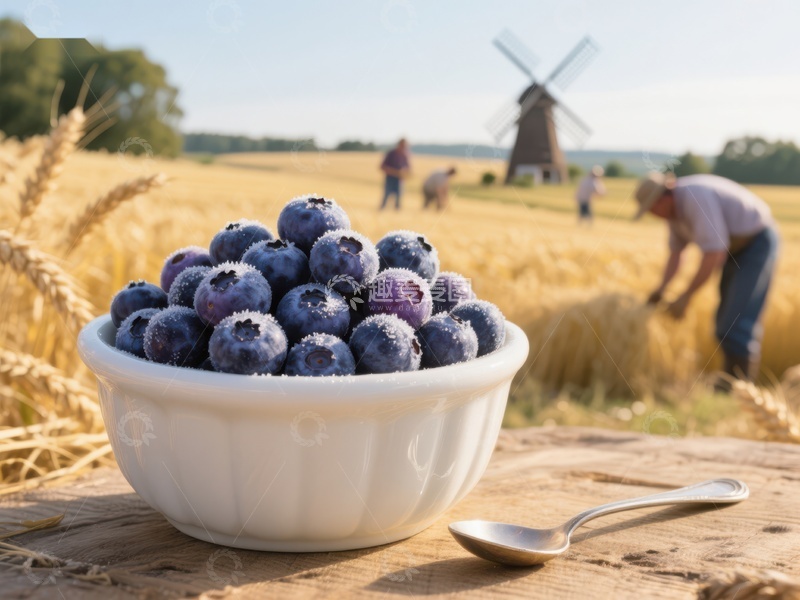 高清大图下载【趣麦麦图】蓝莓碗与农田劳作场景
