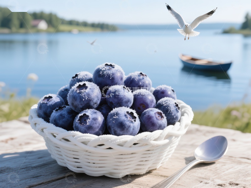 高清大图下载【趣麦麦图】蓝莓篮子与湖畔风景