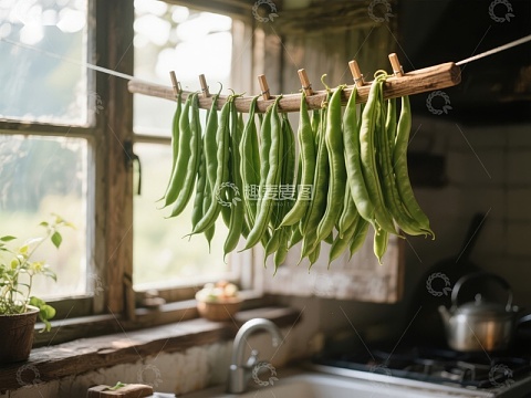 厨房窗边晾晒的绿色豆角
