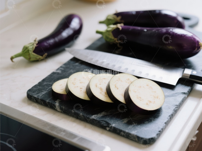 高清大图下载【趣麦麦图】切片茄子与刀具的厨房场景