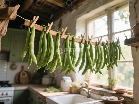 厨房窗边晾晒的绿色豆角