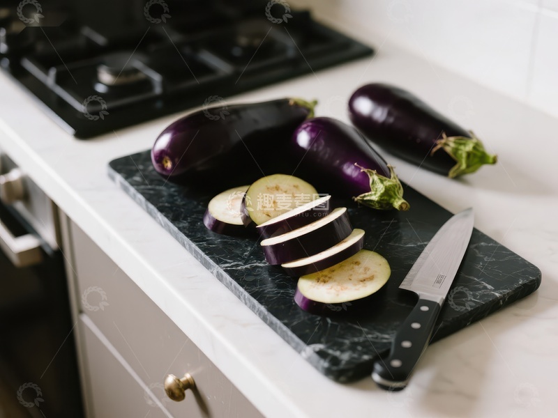 高清大图下载【趣麦麦图】厨房台面上的切片茄子