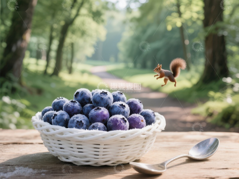 高清大图下载【趣麦麦图】森林小径旁的蓝莓篮与松鼠