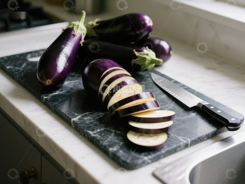 高清大图下载【趣麦麦图】切片茄子置于厨房砧板上