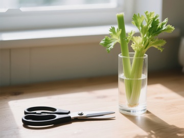 水培芹菜与剪刀的静物组合