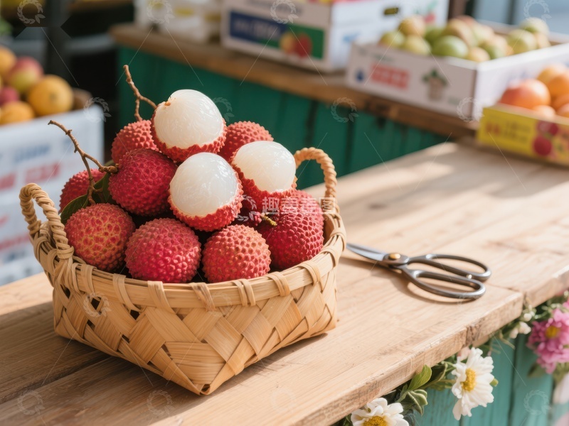 高清大图下载【趣麦麦图】新鲜荔枝装满竹篮置于木质桌面