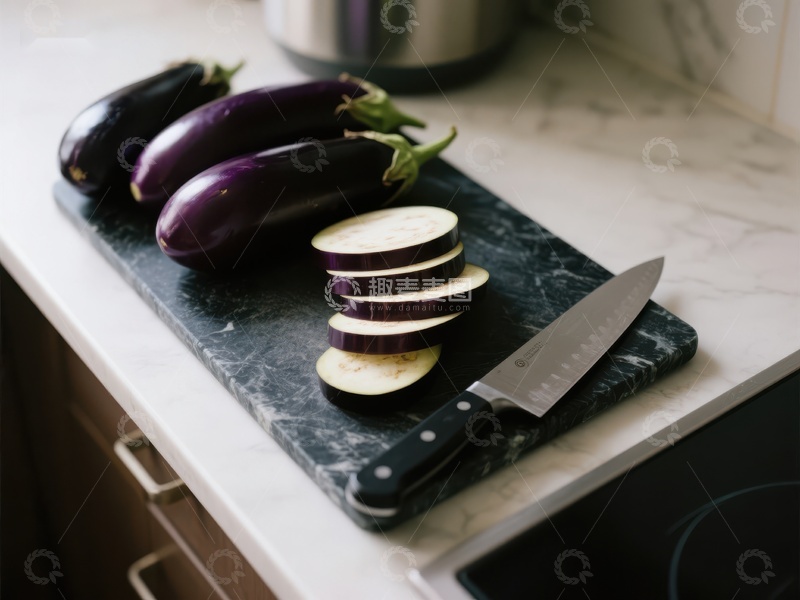 高清大图下载【趣麦麦图】切片茄子与刀具置于厨房砧板上