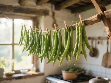 厨房悬挂的绿色豆荚