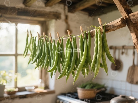 厨房悬挂的绿色豆荚