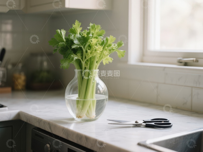 厨房窗台上的芹菜花瓶