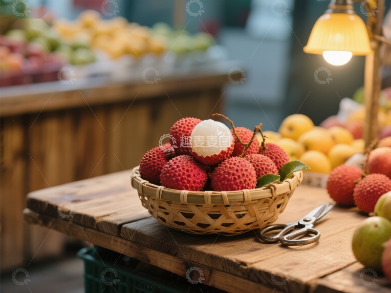 新鲜荔枝摆放在市场摊位上