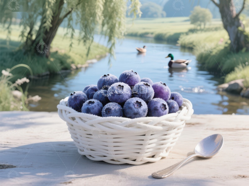 高清大图下载【趣麦麦图】蓝莓篮子与宁静河畔