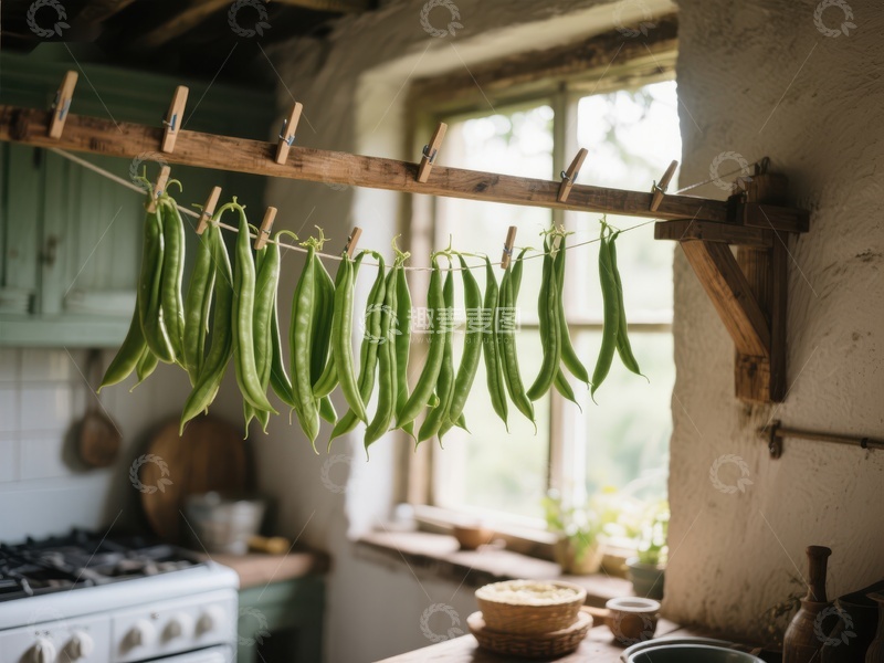 高清大图下载【趣麦麦图】厨房中悬挂晾干的豆荚