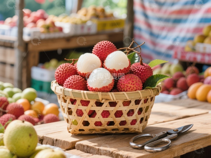 高清大图下载【趣麦麦图】新鲜荔枝摆放在竹篮中