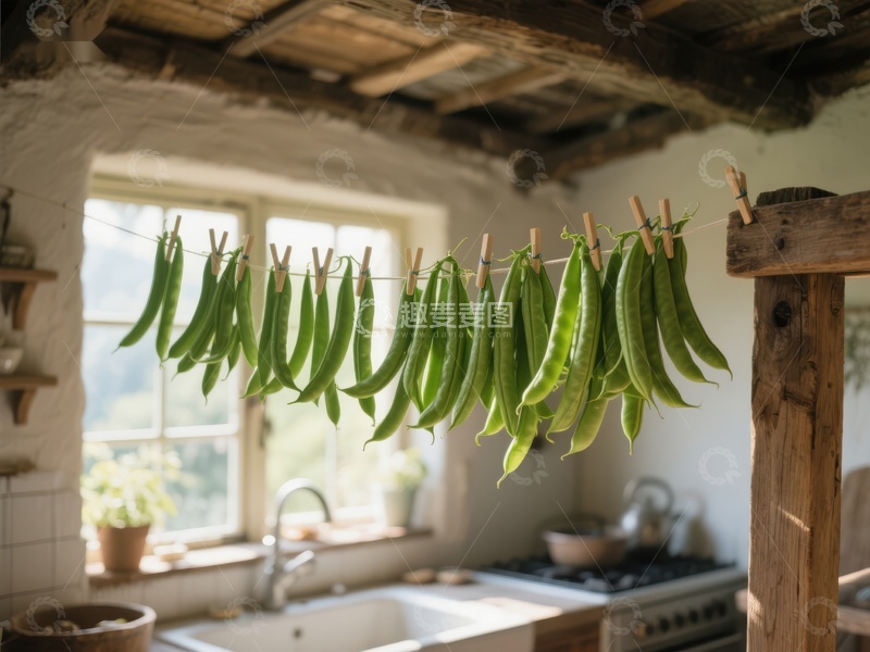 高清大图下载【趣麦麦图】厨房窗前晾晒的绿色豆荚