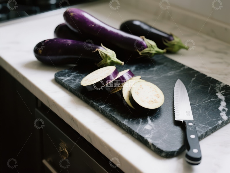 高清大图下载【趣麦麦图】切片茄子与刀具的厨房场景