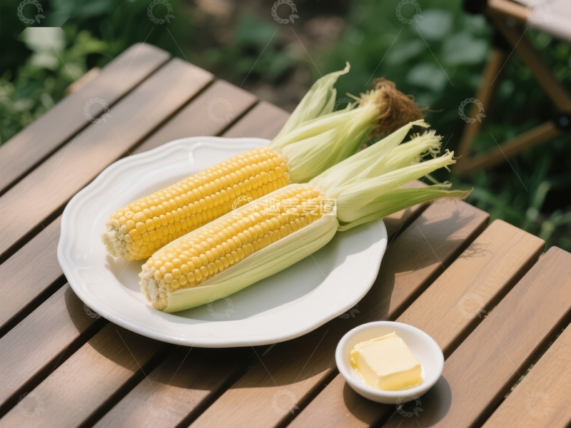 高清大图下载【趣麦麦图】新鲜玉米配黄油，户外餐桌上的美味