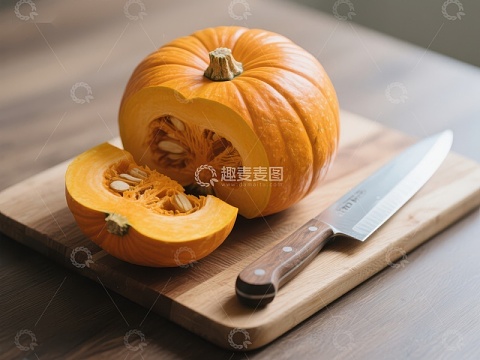 切开的南瓜与刀具