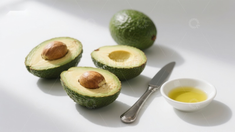 高清大图下载【趣麦麦图】新鲜牛油果与果核及小碗油