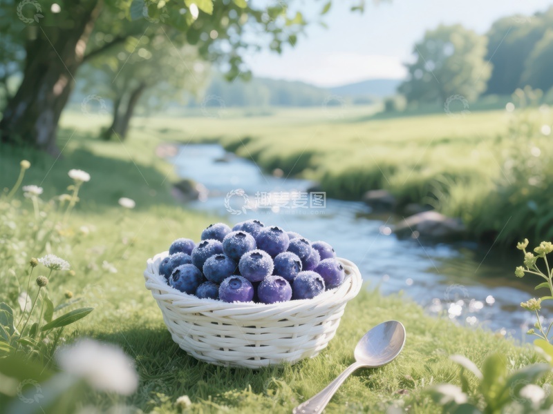 高清大图下载【趣麦麦图】蓝莓篮子置于溪边绿草地上