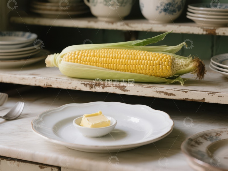 高清大图下载【趣麦麦图】新鲜玉米与碟中黄油的静物组合