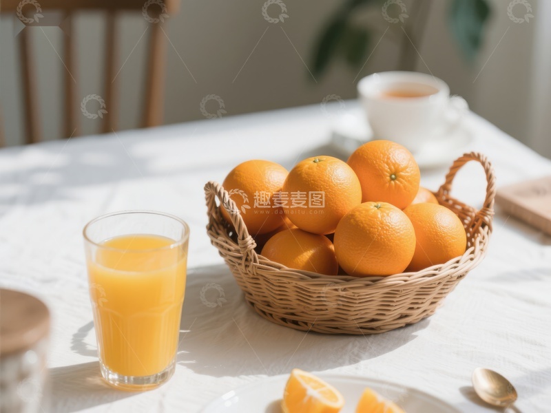 高清大图下载【趣麦麦图】新鲜橙子与果汁的温馨早餐