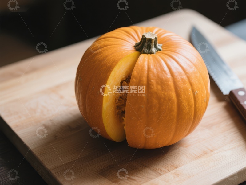 高清大图下载【趣麦麦图】切开的南瓜置于砧板上