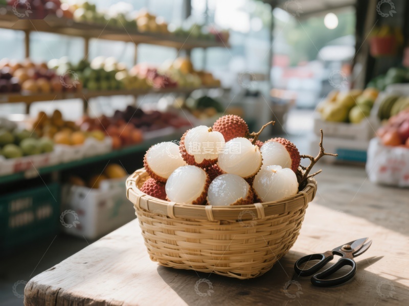 高清大图下载【趣麦麦图】新鲜荔枝展示于市场摊位