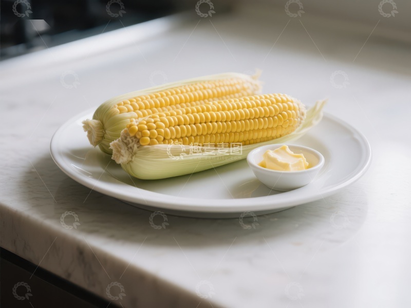 高清大图下载【趣麦麦图】新鲜玉米配黄油，置于盘中