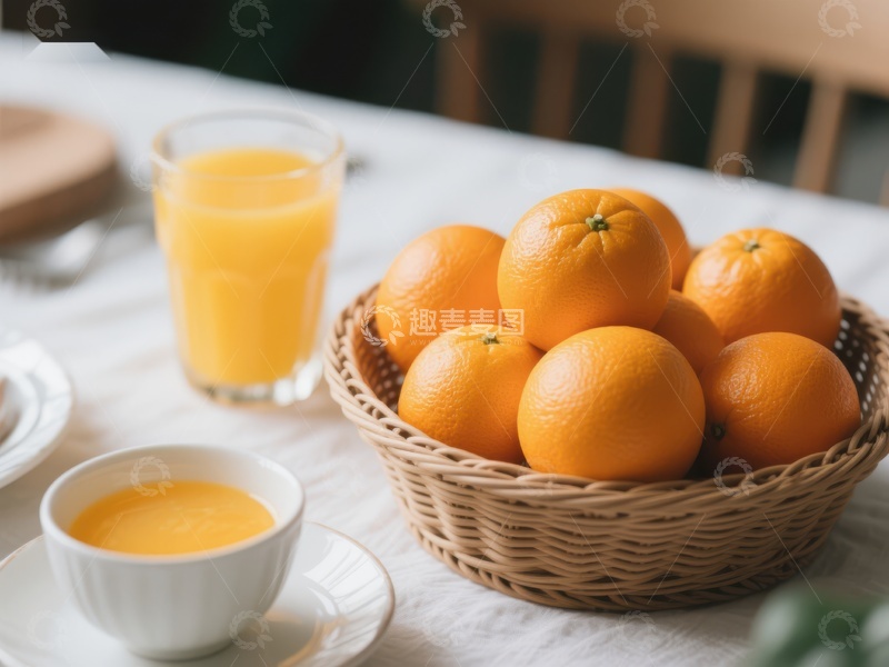 高清大图下载【趣麦麦图】-新鲜橙子与果汁的早餐场景