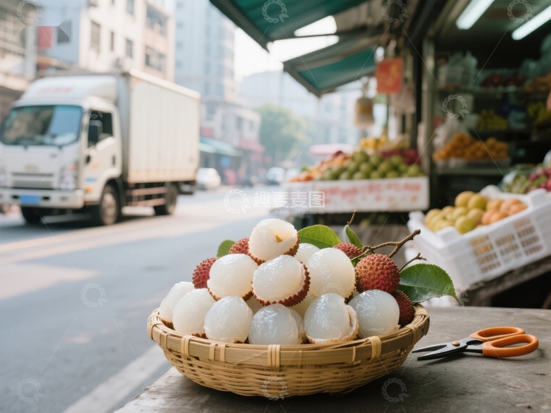 高清大图下载【趣麦麦图】街头水果摊上的新鲜荔枝