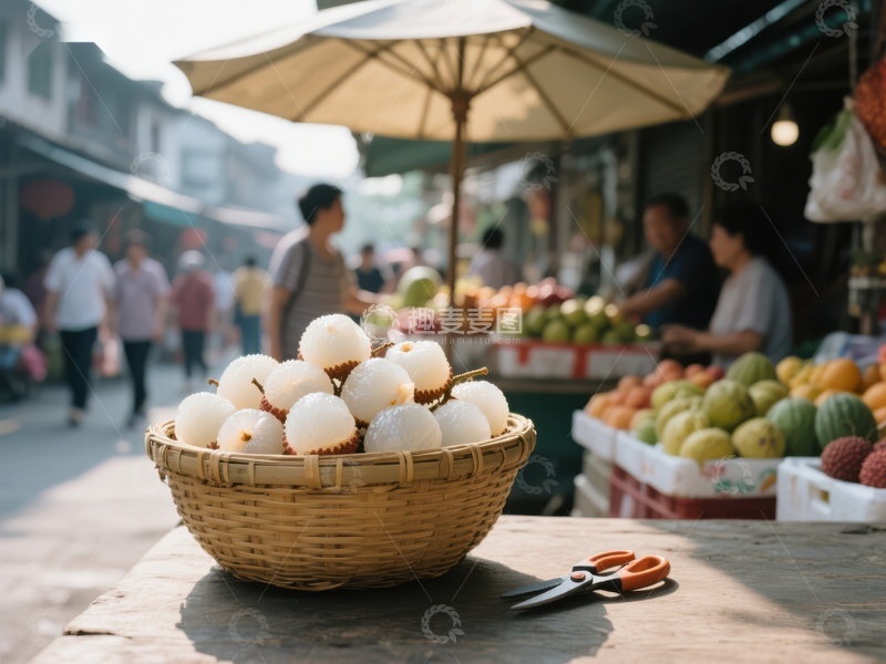 市场摊位上的新鲜荔枝