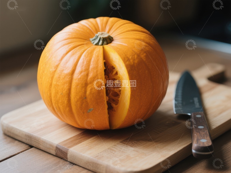 高清大图下载【趣麦麦图】切开的南瓜与刀具