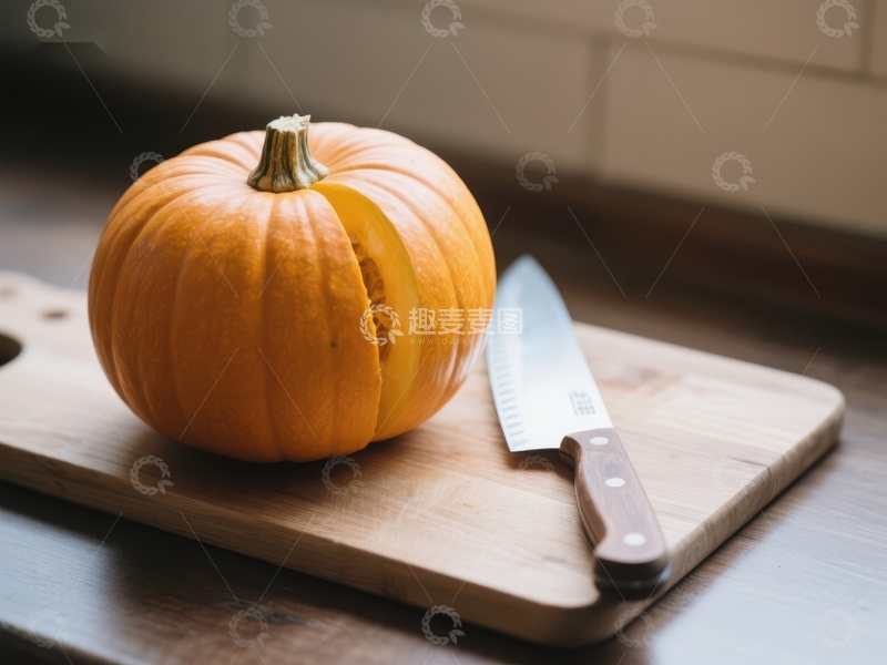 高清大图下载【趣麦麦图】切开的南瓜与刀具置于砧板上