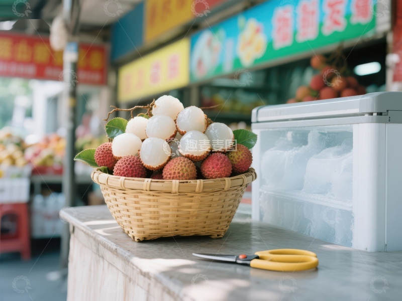市场摊位上的新鲜荔枝