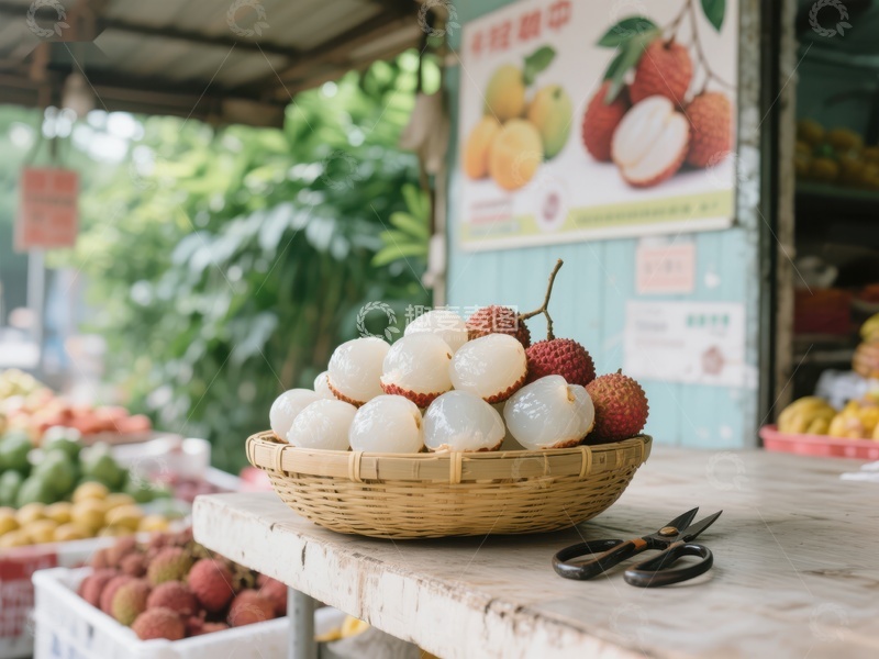 市场摊位上的新鲜荔枝