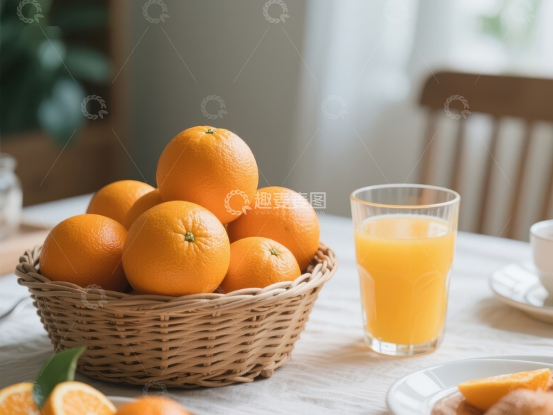 高清大图下载【趣麦麦图】新鲜橙子与橙汁的早餐场景