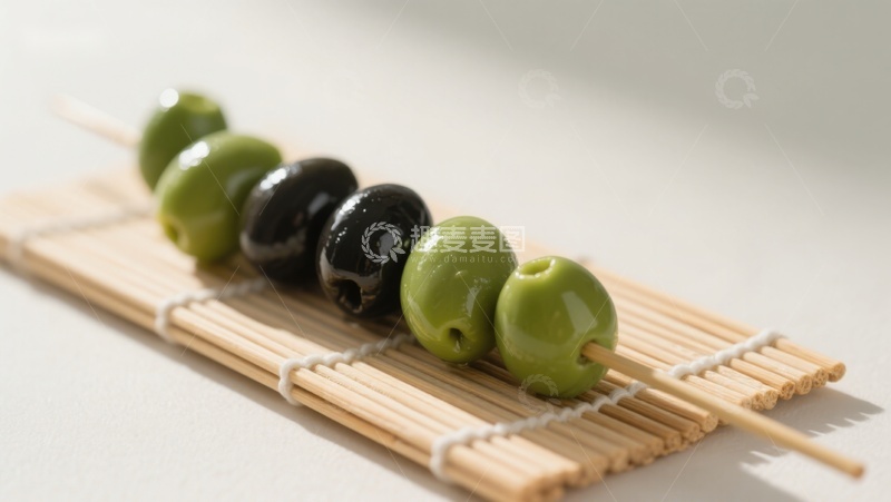 橄榄串在竹签上，置于竹垫之上