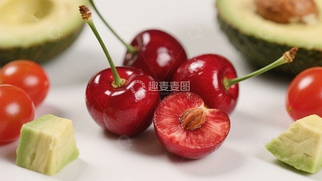 樱桃与牛油果的色彩对比