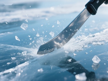 冰面切割瞬间，刀刃与冰晶飞溅
